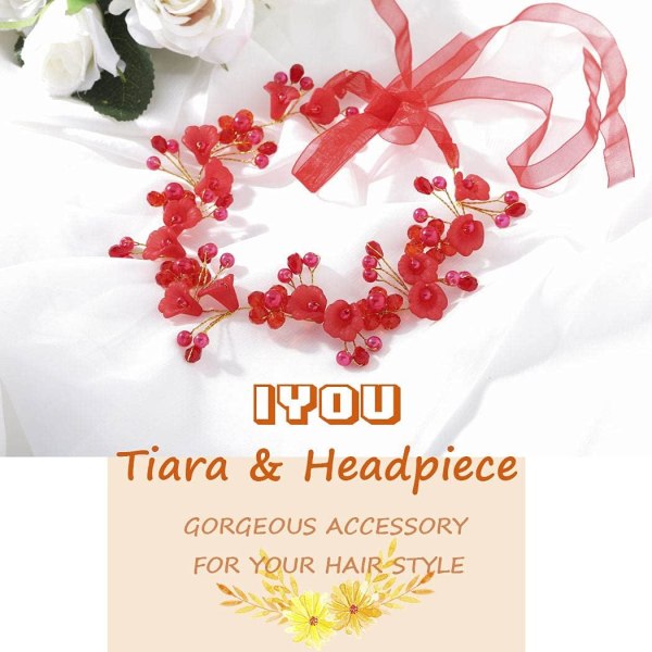 Princess Red Flower Headwear Pearl Hårklänning Brudkristall