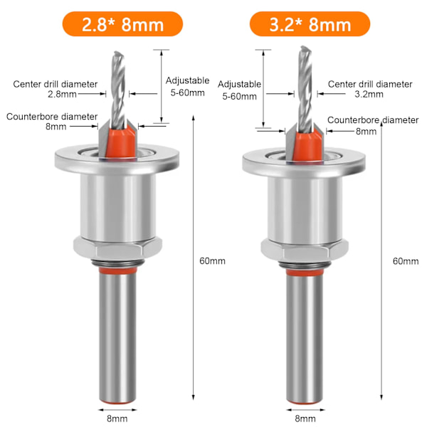 2 st 8 mm koniska hålträskruvmejselset, HSS-skruvmejsel
