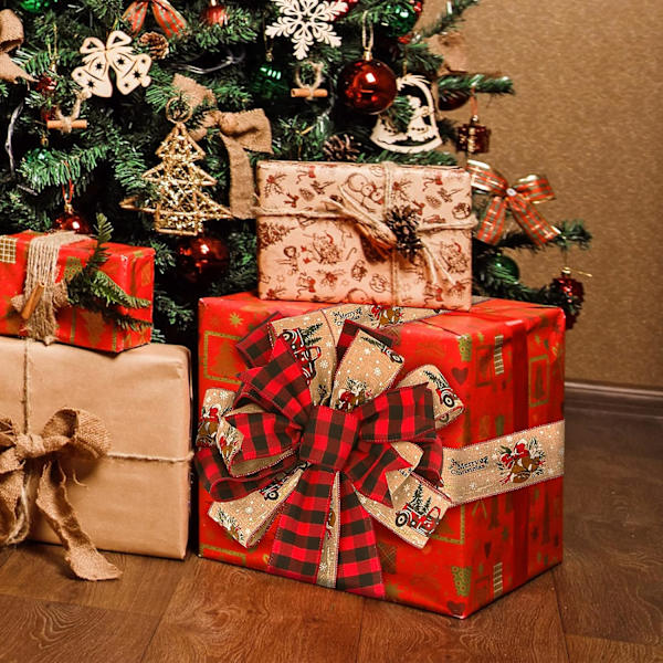 30×29×4cm Julgrans Topp, 57x 13 Tum Handgjorda Buffalo Plaid Juldekorationer, Röd Svart Julbåge Topp