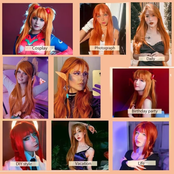 （orange färg）Färgglad panda lång rak Cosplay peruk med lugg naturlig syntetisk hårperuk för kvinnor