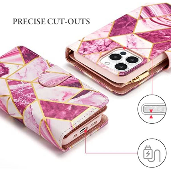 Plånboksfodral för iPhone 16 Pro Max, PU-läderfodral med magnetiskt stängning, handväska, blixtlåsfack, stativ, kortfack