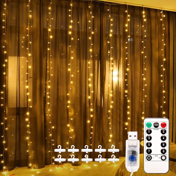 Gardiner med ljusslinga, 3x3m ljusslinga 300 LED, Timer Fjärrkontroll