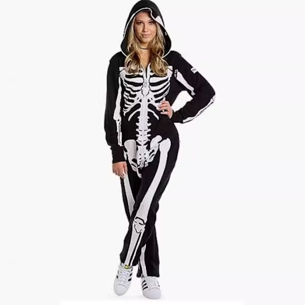 1 Naisten Halloween-luurankopuku, mukava ja helppo aikuisten onesie, edessä ja takana painettu S