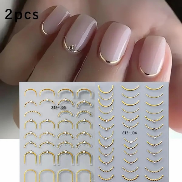 2 STK Fransk Linje Neglekunst Klistermærker Mærkater 5D Prægede Franske Tip Neglemærkater med Rhinestone Gyldne Franske Striber Bølge Negle Klæbende Sliders Y2K Fren