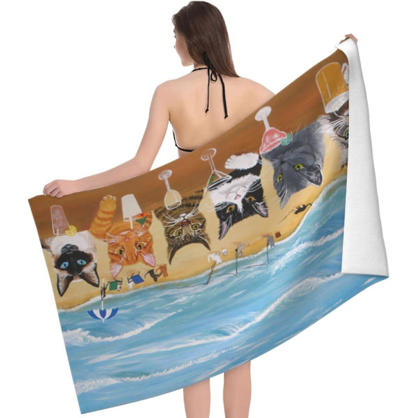 70x150cm Kat Strandhåndklæde til Kvinder, Mikrofiber Strandhåndklæder til Voksne, Søde Personlige Strandhåndklæder Bulk, Hurtigtørrende Sandfrit Strandhåndklæde til Pool