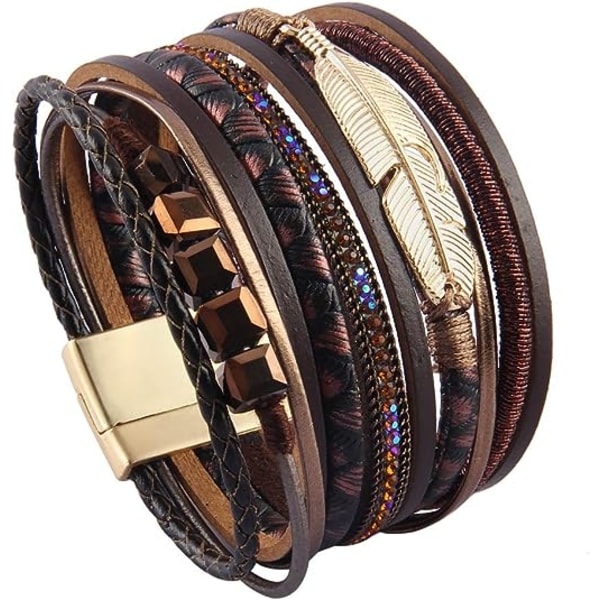 Läderarmband med flera strängar och fjäder för kvinnor