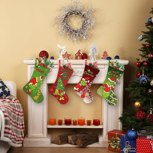 4-pack Grinchs Julstrumpor, 18 tum Stora Strumpor Jul Bulk Grinchs Juldekorationer Grinches Dekor O