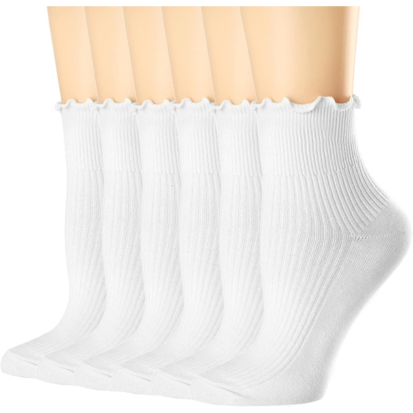 Rufsade Vändbara Ankelstrumpor Casual Andningsbara Svala Stickade Bomullsstrumpor med Volang 6-pack