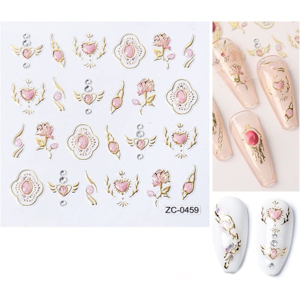 5 ark 5D Bronzing Nail Art Stickers Dekaler, Fishtail Shell Präglade Självhäftande Nagelstickers Ädelsten Blomma Hjärta Sol Guld Metall Design Nagelkonst