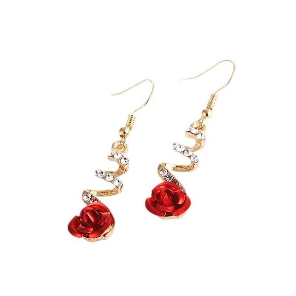 Boho Akryl Røde Rose Øredobber - CZ Rose Drop & Spiral Dangle Ear