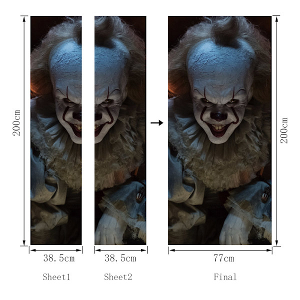 Halloween 3D pelottava paha klovni -oven tarrat, 30 x 79 tuumaa paha klovni realistinen ovi taustakuva tarra