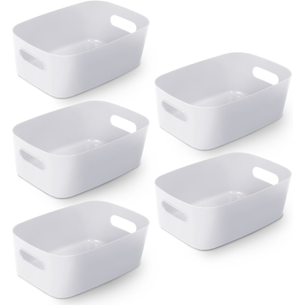 (20,5x 14 x 7 cm) - Hvid opbevaringsboks i plast - 5 stk., rumdeler, opbevaringskurv til hjem og kontor, velegnet til