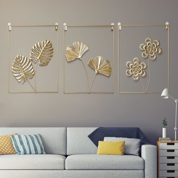 3-delt gyldent væg dekorationssæt, moderne minimalistisk abstrakt stregkunst Ginkgo Leaf Metal, skulpturer til
