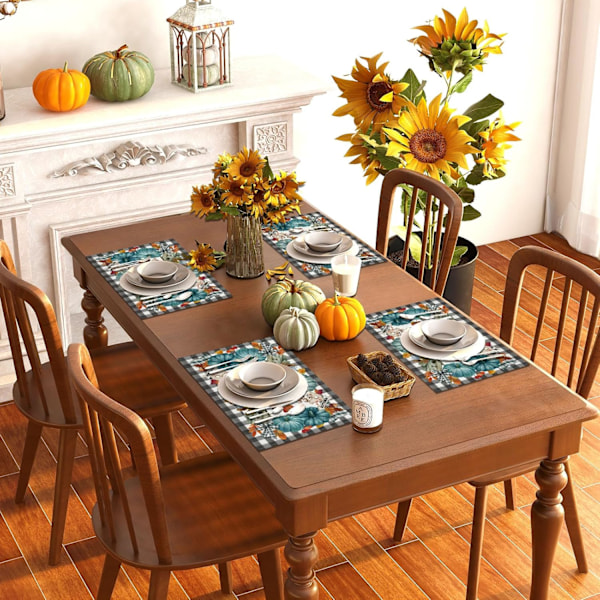 Linne Fall Servetter Set om 4 Blå Pumpa Bordsskydd Buffalo Plaid Höst Lönnlöv Pumpa Dekoration Skörd Höst Harve