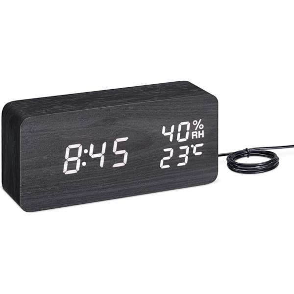LED-väckarklocka - Digital klocka med trälook - Morgonväckarklocka med datum, tid, temperatur, luftfuktighet - Br