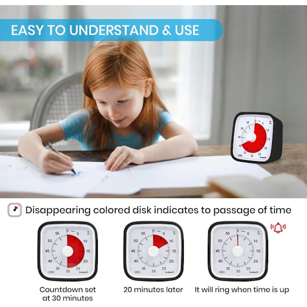 Pieces Visuel Timer (Sort) med Beskyttelsesetui, Opgraderet 60 Minutters Nedtællingstimer til Børn og Voksne med Påmindelse om Lavt Batteriniveau, Stille Tidsstyring