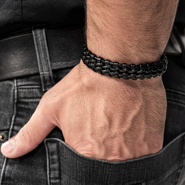Mænds Sort Læder Armbånd Sort Læder Snøre Armbånd Mag