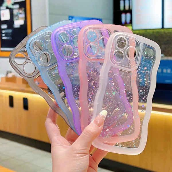 iPhone 16 Pro Max Deksel 6.9\", Søt Kawaii Krøllete Bølge Bling Glitter Stjerne Skinnende Klar Transparent Kamera Linse P