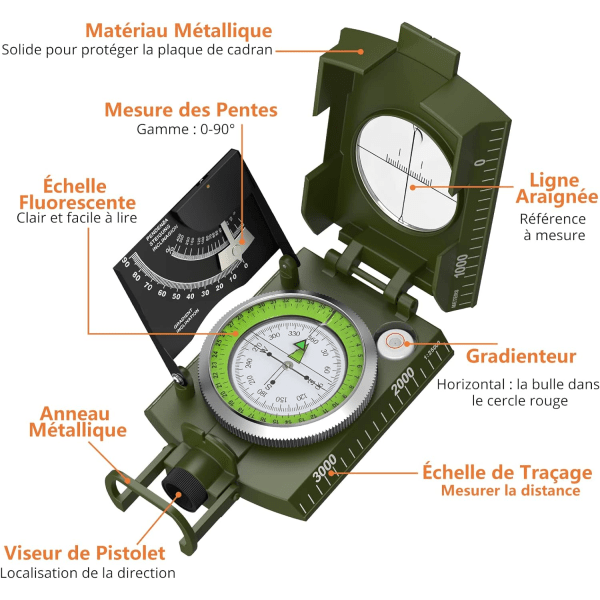 Sotilaallinen naamiointiretkeilykompassi klinometrillä, metalli tähtäyskompassi navigointi