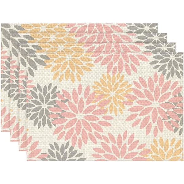 Set med 4 sommarplatsmattor med rosa dahlior - 30 x 45 cm - Tvättbara - Köks- eller festdekoration