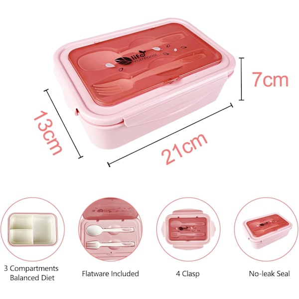 Set, Rosa Lunchlåda med 3 Fack och Sked Gaffel 1400ml, Läcksäker Bento Box, BPA-fri, Mikrovågsugns- och Diskmaskinsäker, Lämplig för Vuxna, Barn