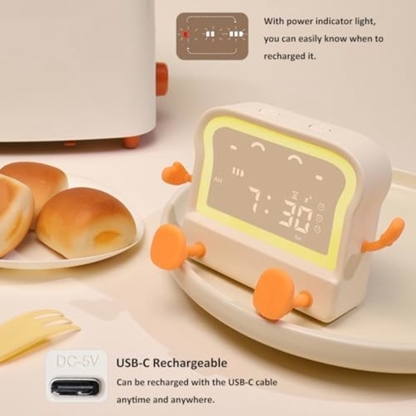 Vekkerklokke for barn, beige toast digital vekkerklokke, søt nattlampe ved sengen, opptellings-/nedtellingstimer, USB-C lading