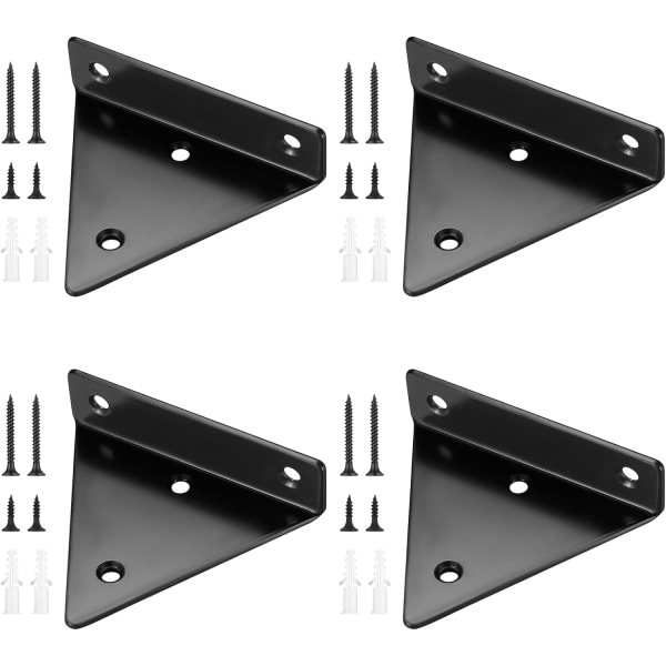 4 stykker flytende hyllebraketter, usynlige trekantede vegghyllebraketter, metall Wa Black