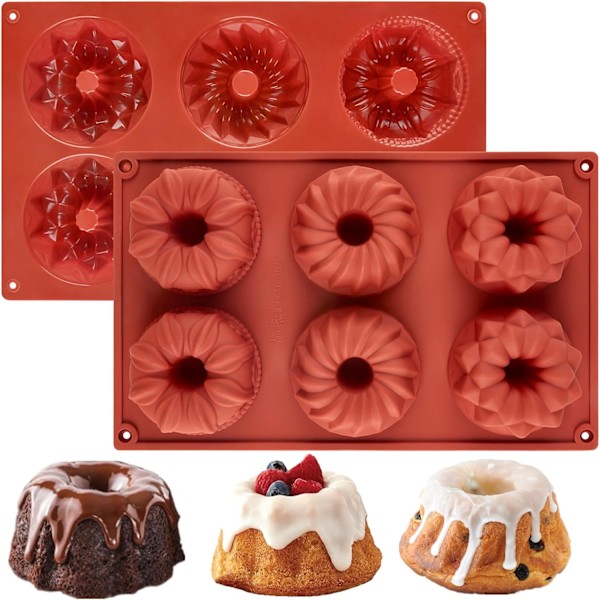 2 stk Mini Kakeformer for Baking, 6-Hulls Silikon Riflet Rørkakeform Ikke-Klebbende Silikonformer for Cupcakes, Donuts, Je