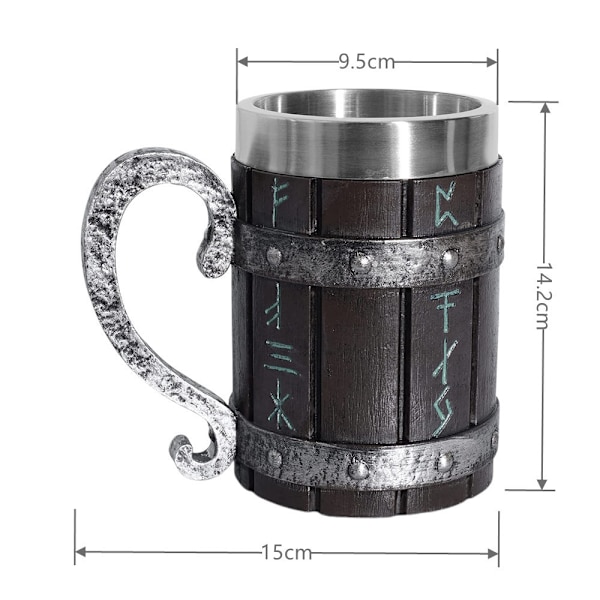 Nordisk Viking Rune Ølkrus Rustfritt Stål Tretjære 3D Norrønt Dekor Kaffe Kjølig Gå