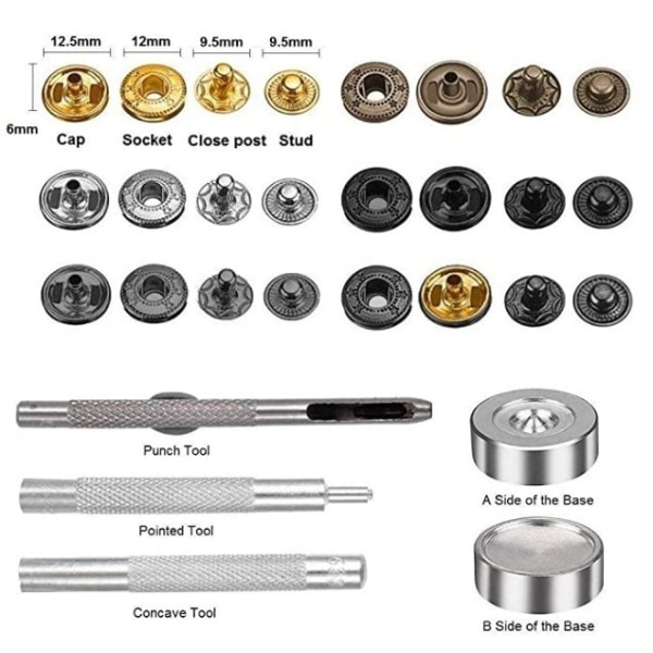 132 stk. metal trykknapper, 12,5 mm læder trykknapper i 6 farver, trykknapssæt med værktøj f