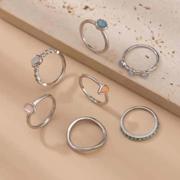 7 st. Statement Enkla 14K Guldringar Set för Kvinnor, Trendig Charm Tiny Stacking Bling Zirkon Silver Fingerringar Söt Pro