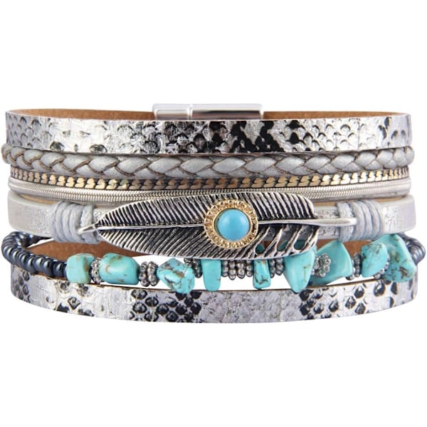 1 st. Läderarmband för kvinnor med fjäder, flätat läder, turkos, boho-armband