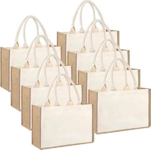 Set med 8 tygväskor i jute och canvas – återanvändbara väskor med handtag – presentpåsar, shoppingväskor, strandväskor för kvinnor