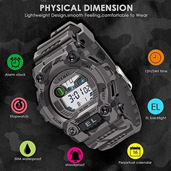 Drenge Camouflage LED Sports Børneure Vandafvisende Digital Elektronisk Militær Armbåndsure til Børn med Lysende Alarm S