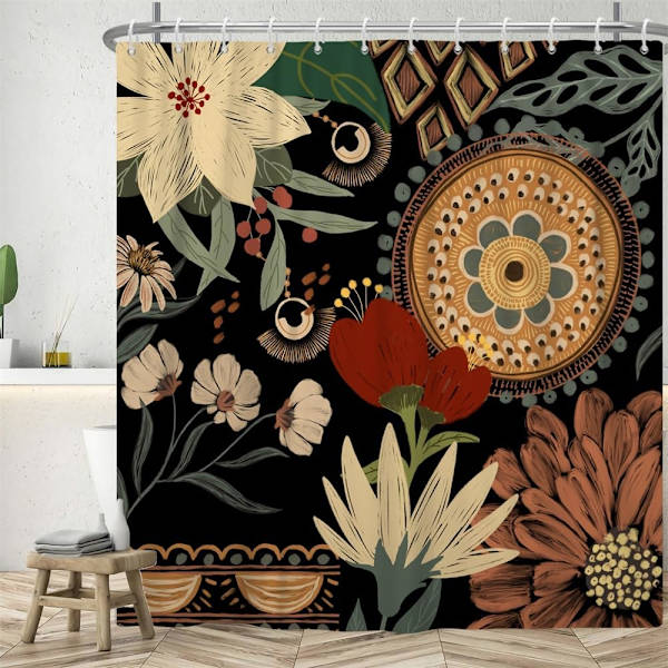 180Lx180Hcm Boho Duschdraperi, Blommig Duschdraperi Bohémisk Bladmönster Badgardin Anti-Mo