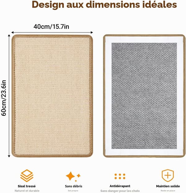 Sisal Kattekradsemåtte 60x40cm, Anti-ridse Katte måtte, Stor skridsikker klæbemiddel, Beige