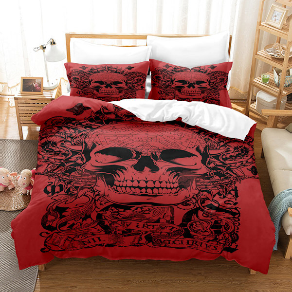 135X200cm Röd Skalle Täcke Set Gotisk Tatuering Sängkläder Set 2-Delar Blommig Quilt Set med Kuddfodral