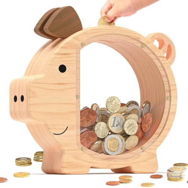 Träspargris för barn, söt spargris för pojkar och flickor, obrytbar trämyntspargris, kreativ spargris