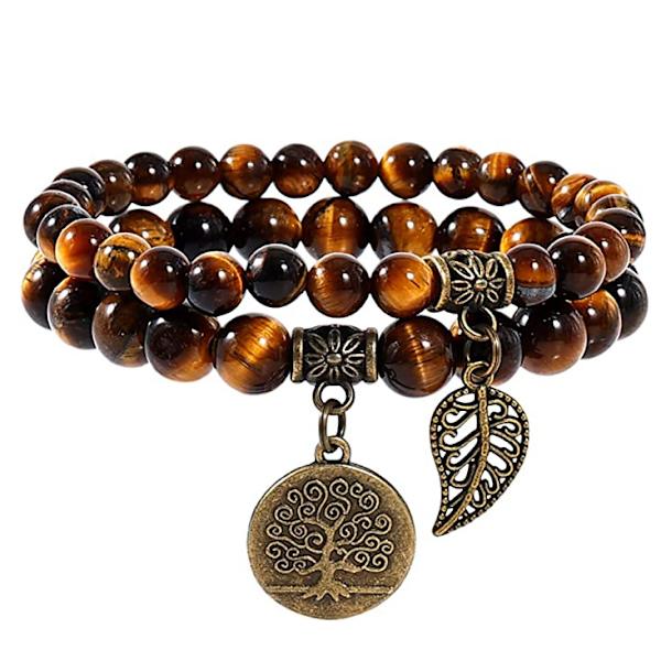 Set med 2 naturstenarmband - Damarmband med naturliga pärlor - Set med två armband med träd o
