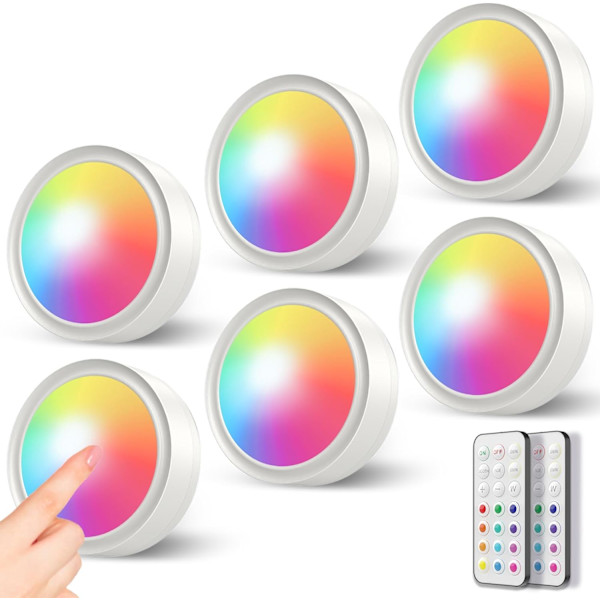Langaton RGB LED -näyteikkunavalaisin, 6 kpl paristokäyttöinen värillinen LED-valonheitin itseliimautuva kaappi L