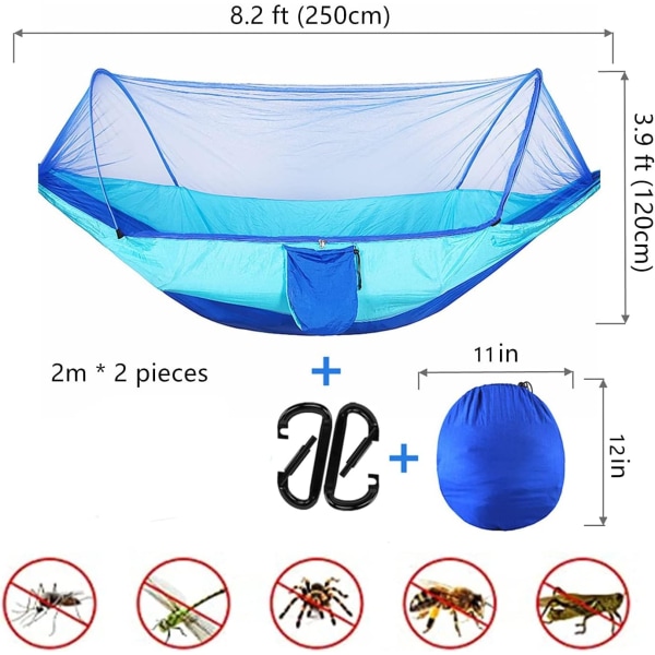Camping Hengekøye Sett med Myggnetting, 2 Tre Stropper Karabiner