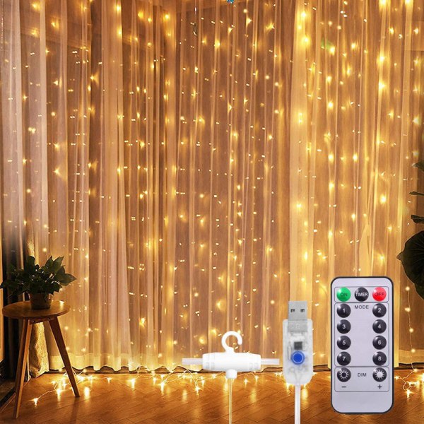 300 LED 3M*3M Ljusslinga Gardin 8 Lägen Vattentät USB &