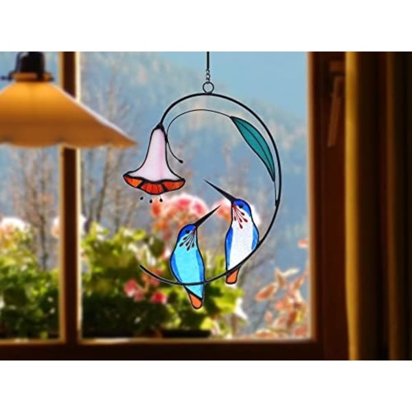15cm 2-pack Kolibri med Blomma Färgat Glas Solfångare Fågel Färgat Glas Fönsterhängande Kolibri Present för Hemmet D