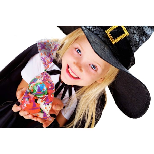 200-pack Halloween cellofan godispåsar, Halloween fladdermöss, pumpor och häxor godispåsar med twist