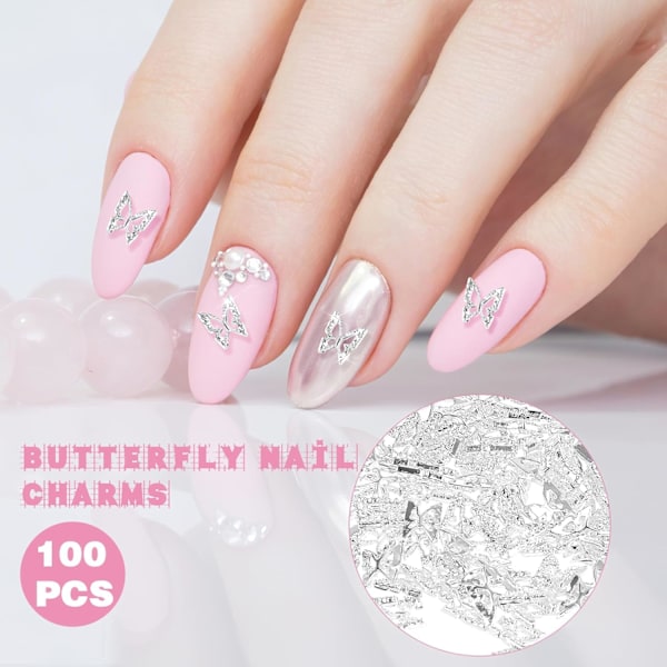 100 stk sommerfugl negl charms 3D negl charms sommerfugler form negl perler sommerfugl dekorasjon Silver