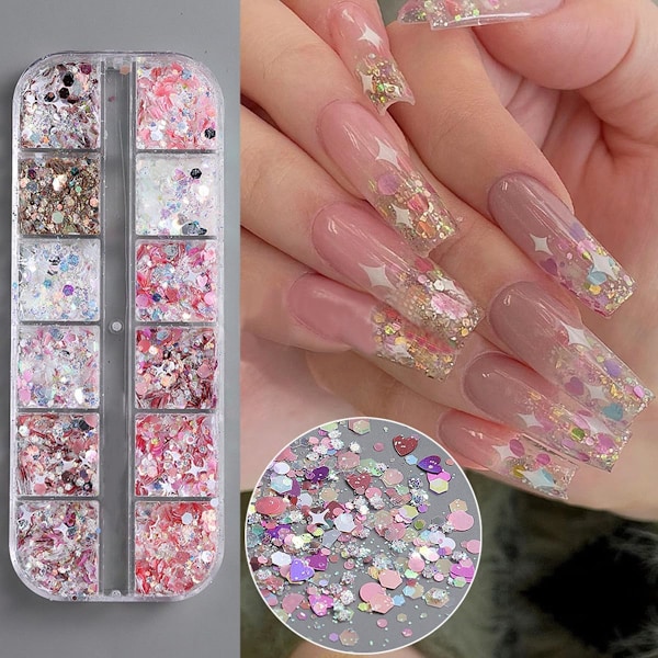 3 st 12-rutors nagelkonst glittersekvenser, holografiska hexagon chunky nagelglitter glänsande hjärta sjöjungfru nagelflingor sekvenser