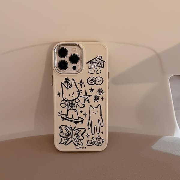 Designet til iPhone Case, Sød Kat Sommerfugl Stjerne Heldig Linje Tegning Blød Telefon Case (Hvid, til iPhone 16 Pro Max)