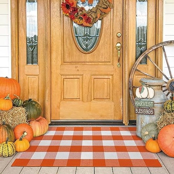 Buffalo Plaid Teppe 50*80cm Oransje og Hvit Rutete Teppe Halloween Høst Dørmatte Bomulls Vaskbar Område Tepper Dørmatte Utendørs
