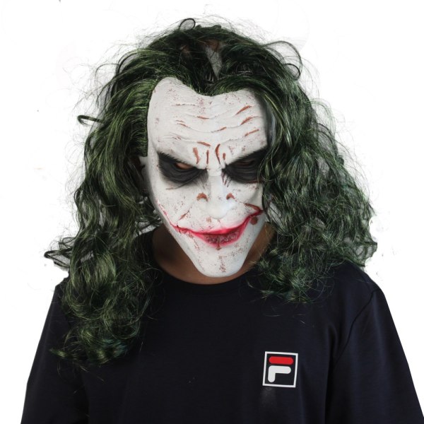 Maskekostyme for Dark Knight Cosplay, Latex Man Smile Mask med grønt hår for Joker Rollespill, Hall