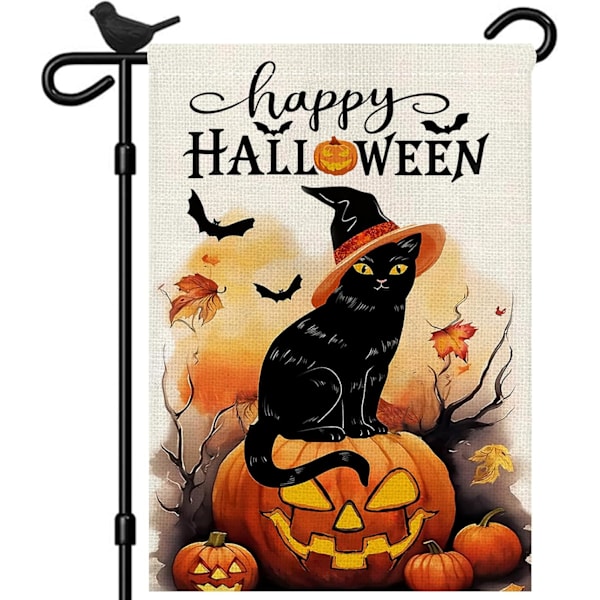 1 st Halloween-flagga för trädgården med katt 12x18 dubbelsidig Glad Halloween Pumpa Häxa Katt Trädgårdsflaggor Semester Utomhus Dekoration